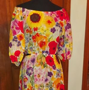 Off the shoulder floral dress. Ankle length. Never worn. Mid back opening.